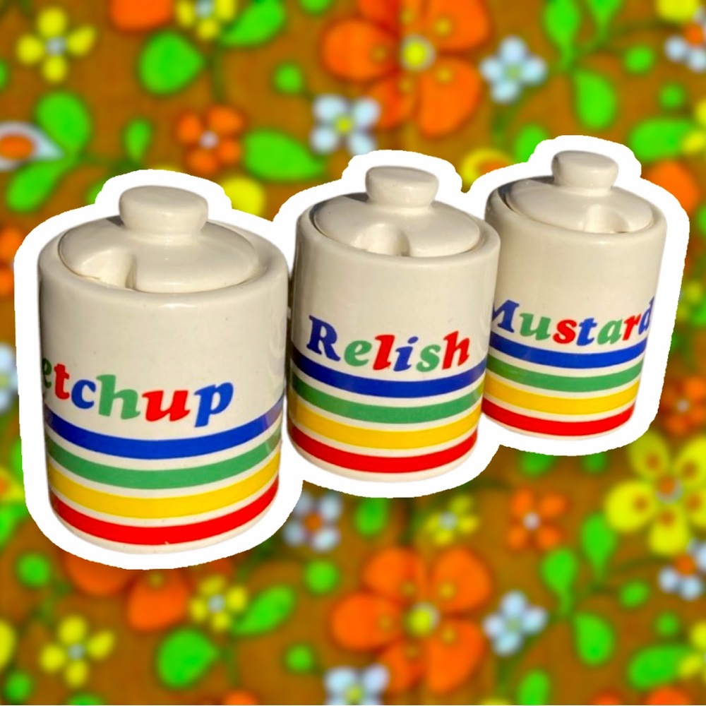 Vintage Picnic Condiment Servers Ketchup Mustard Relish rainbow edition